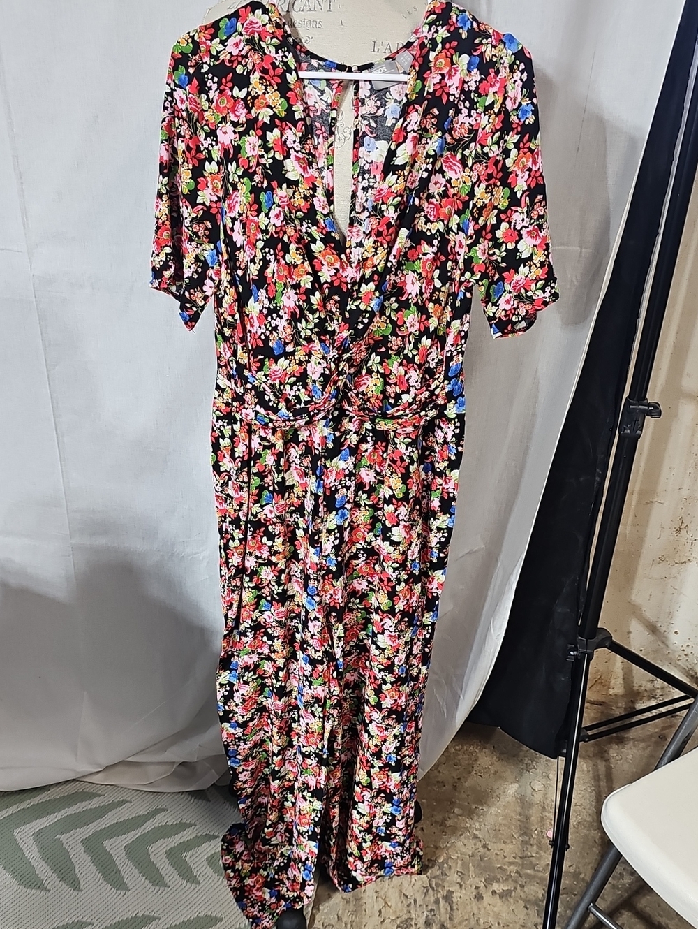 Floral Wrap Maxi Dress in Black with Multicolor Blooms